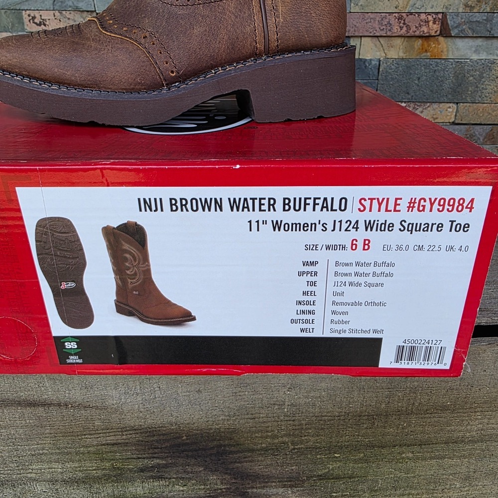 Justin Boots INJI Brown Water Buffalo Wide Square Toe Boots Size 6B GY9984 NEW - Picture 6 of 16